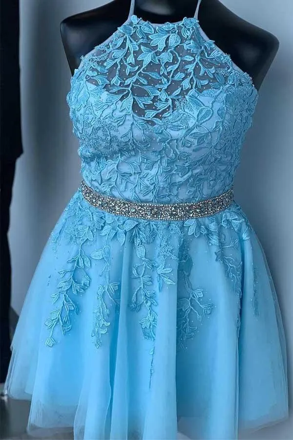 A-line Elegant Tulle Yellow High Neck Homecoming Dresses  HD0058