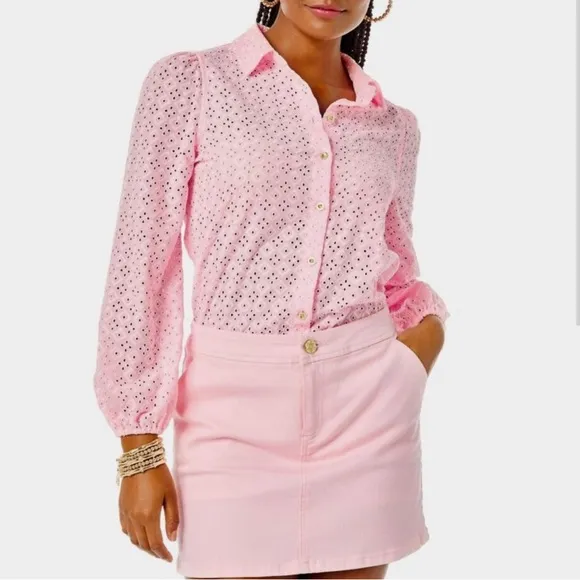 Lilly Pulitzer Womens Rousseau Pink Denim Button Zip Fly Mini Skort EUC 00 #1891
