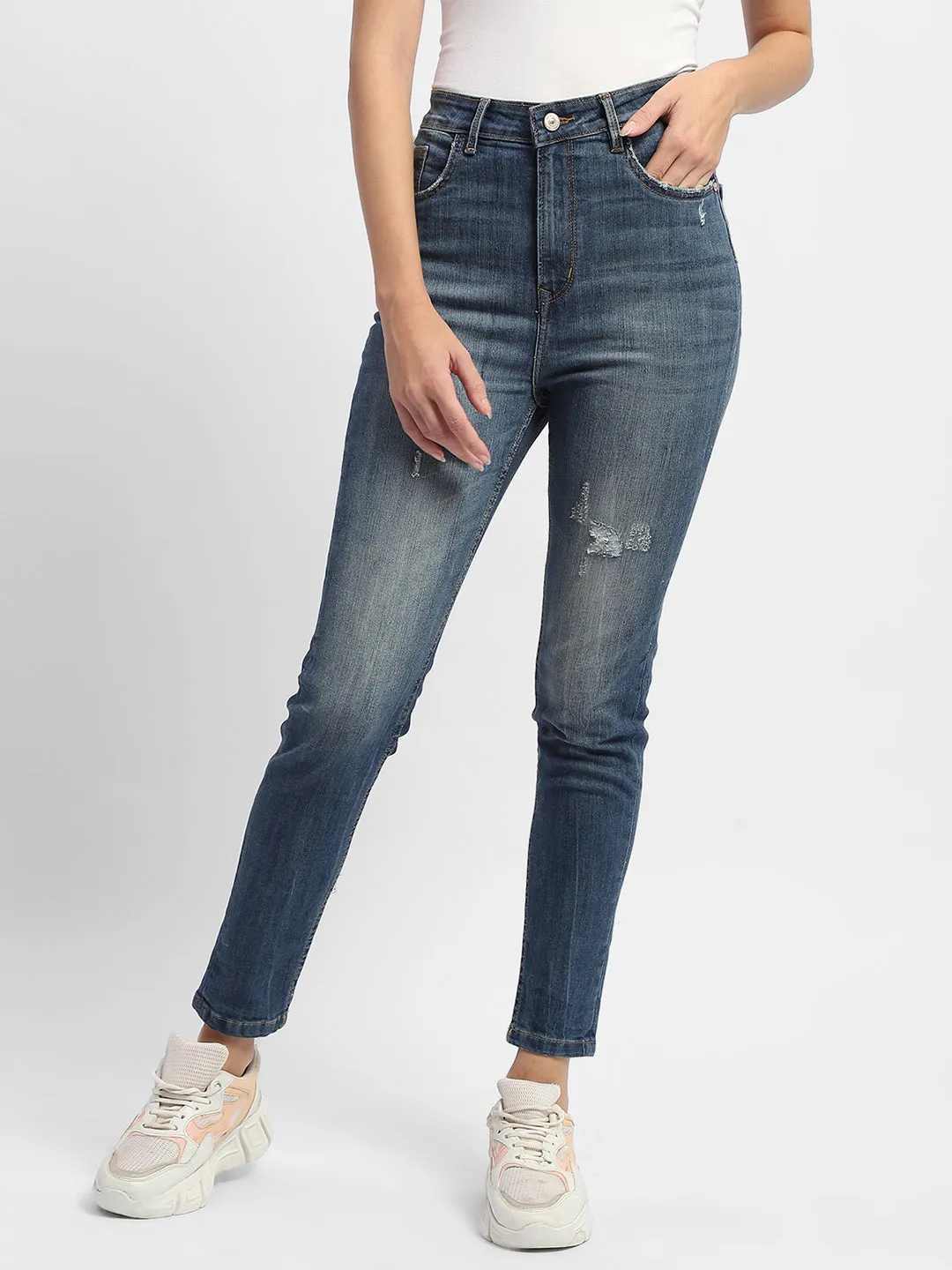 Madame Distressed Mid Blue High Rise Skinny Jeans