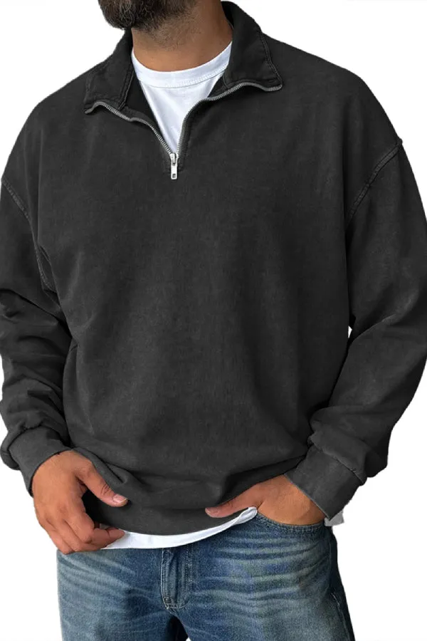 Men's Fashionable Retro Half-zip Stand Collar Casual Sweatshirt