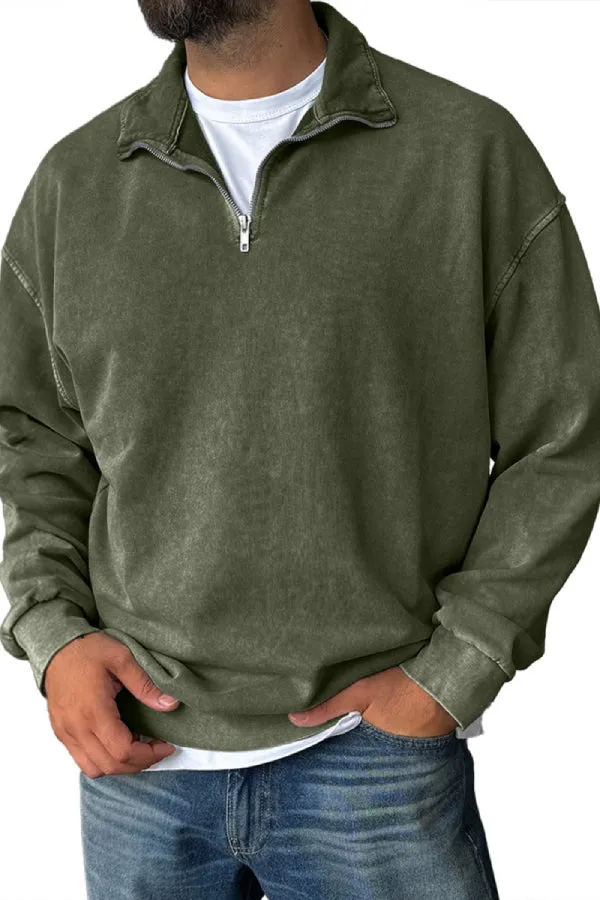 Men's Fashionable Retro Half-zip Stand Collar Casual Sweatshirt