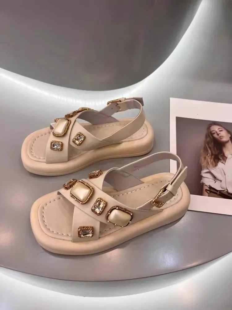Women's Fashionable Diamond Embellished Genuine Leather Gladiator Sandals