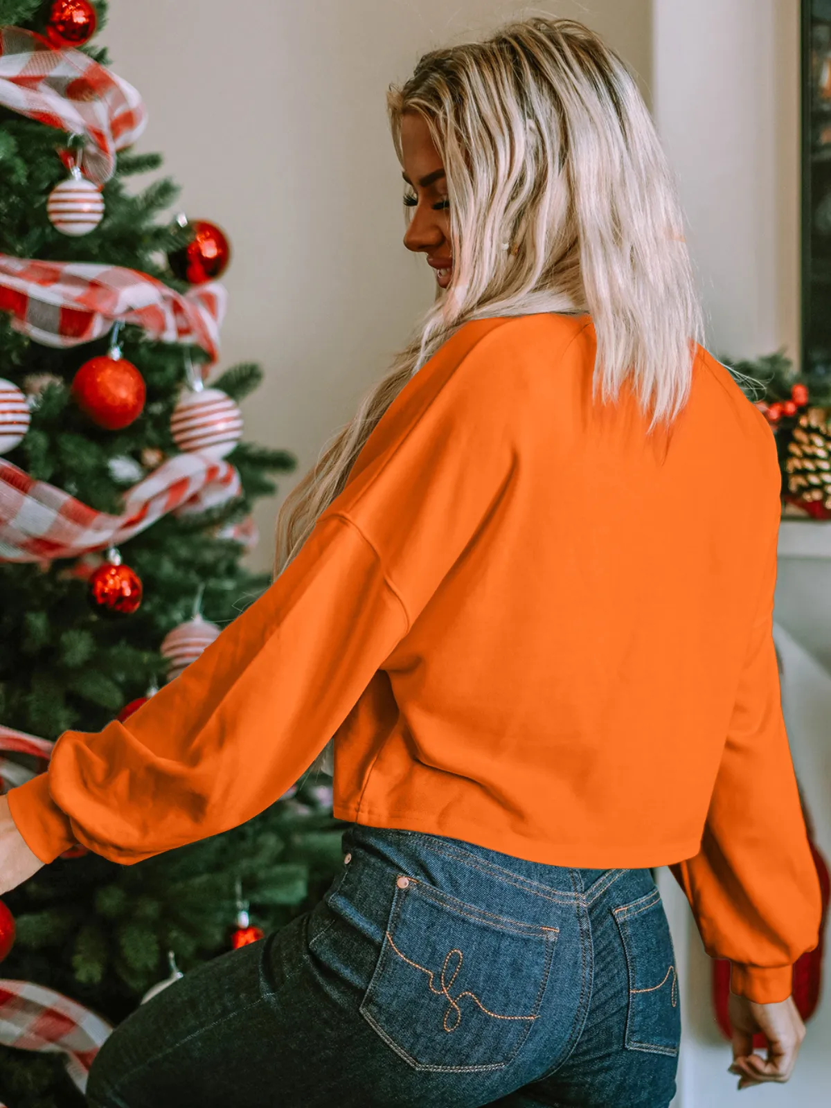 Womens Orange Game Day Lettering Rugby Football Notched Neck Sweatshirt